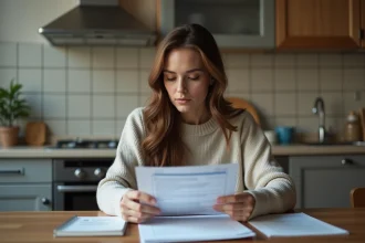 Femme examinant des documents importants à la maison