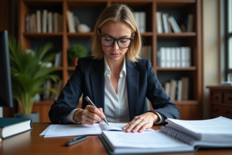 Femme en costume organisant des documents dans un bureau moderne