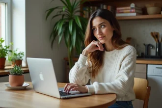 Femme cherchant appartement sur ordinateur dans un intérieur cosy