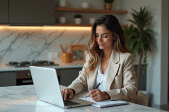 Jeune femme en blazer recherche immobilier sur son laptop