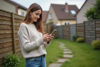 Femme en extérieur cherchant un logement avec son smartphone