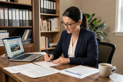 Femme rédigeant une lettre de demande de devis assurance habitation à son bureau à domicile