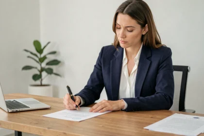 Femme professionnelle rédigeant une lettre de motivation pour un logement à son bureau à domicile