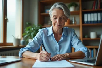 Femme remplissant un modèle pré-état daté à son bureau à domicile