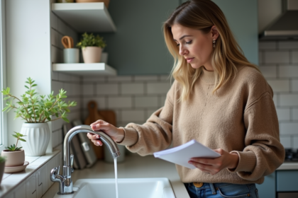 Femme examinant un robinet qui fuit dans une cuisine moderne