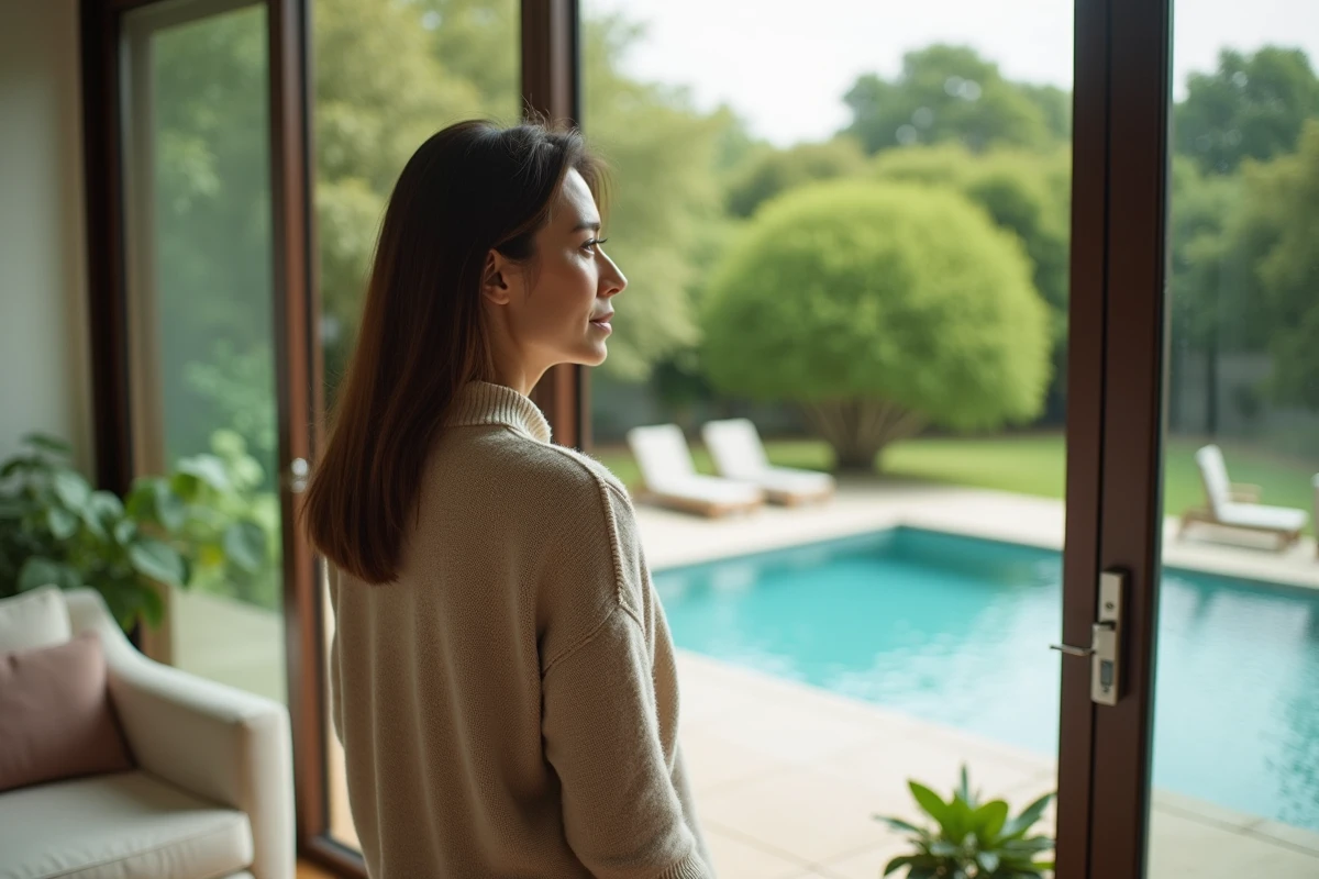 Femme dans salon regardant parc et piscine