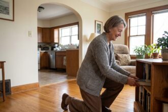 Femme senior souriante arrangeant des livres dans un salon moderne