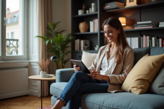 Femme souriante utilisant une tablette dans un intérieur parisien