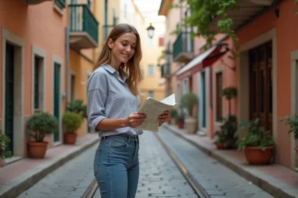 Jeune femme avec carte dans une rue colorée de Mille