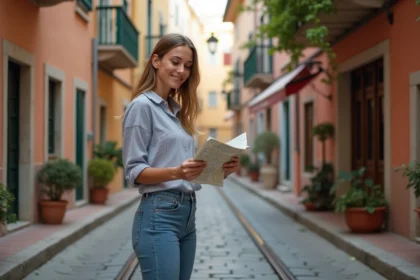 Jeune femme avec carte dans une rue colorée de Mille