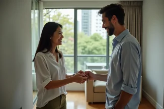 Femme thaïe souriante remettant une clé à un jeune homme à Bangkok