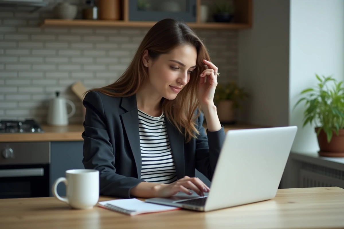 Jeune femme travaillant sur son ordinateur dans la cuisine