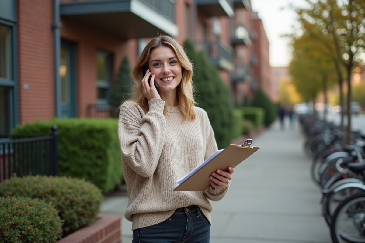 Femme parlant au téléphone devant un immeuble en ville
