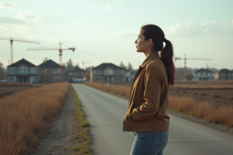 Femme contemplant un site de construction en banlieue