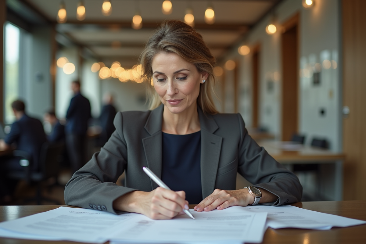 Femme concentrée examinant des documents de prêt immobilier