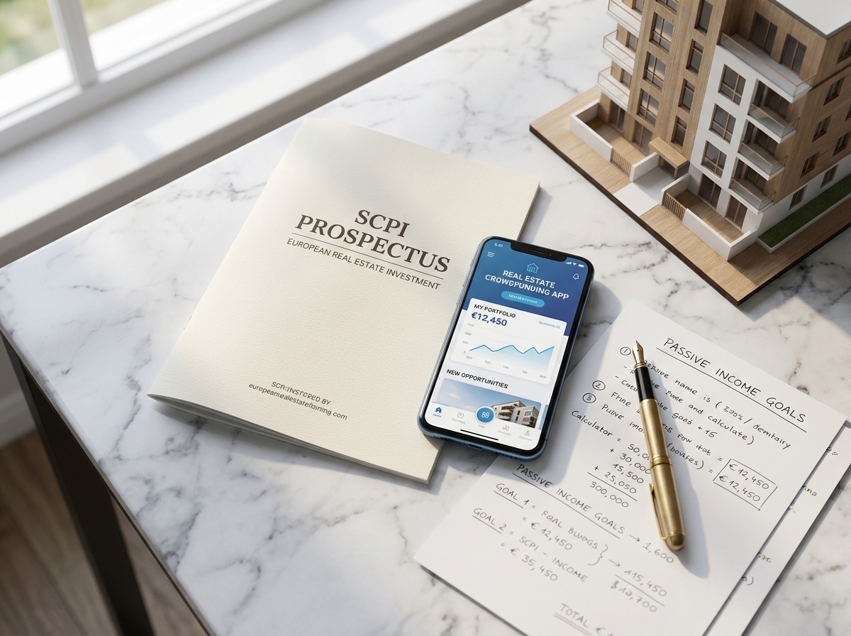 Flat lay de documents SCPI, smartphone avec application d'immobilier fractionné et notes financières sur bureau en marbre