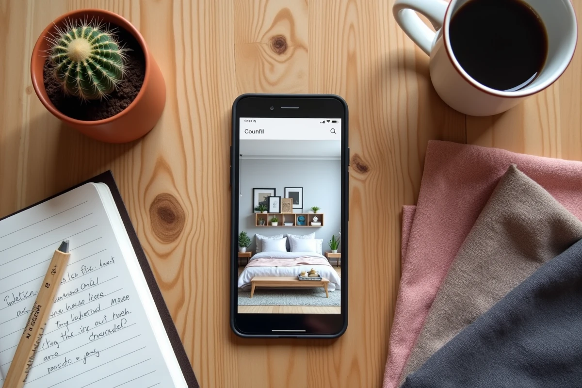 Vue du dessus d'un smartphone affichant une application de décoration intérieure entouré d'échantillons de tissu, d'un carnet et d'objets de design sur une table en bois