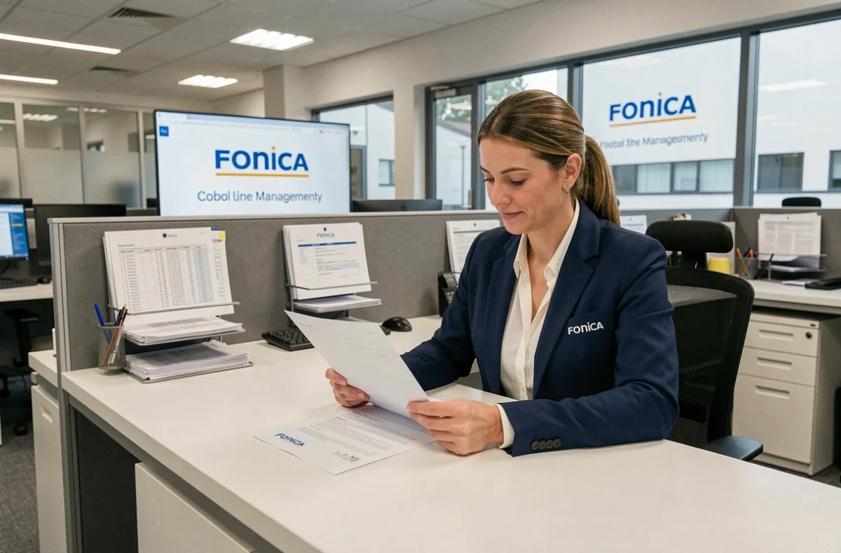 Agente Foncia Essonne à son bureau dans un espace de gestion immobilière moderne avec la signalétique de l'agence