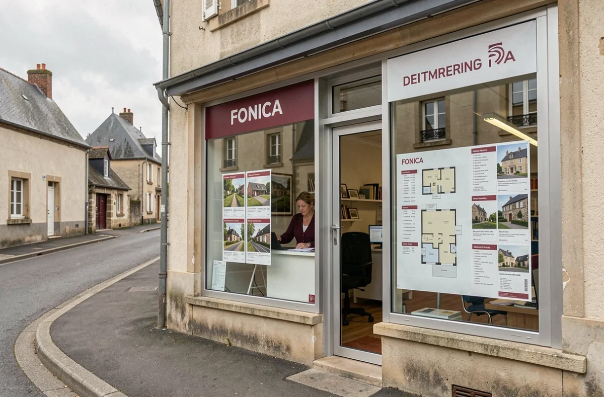 Vitrine de l'agence Foncia Transaction à Lisieux avec affichage de biens immobiliers