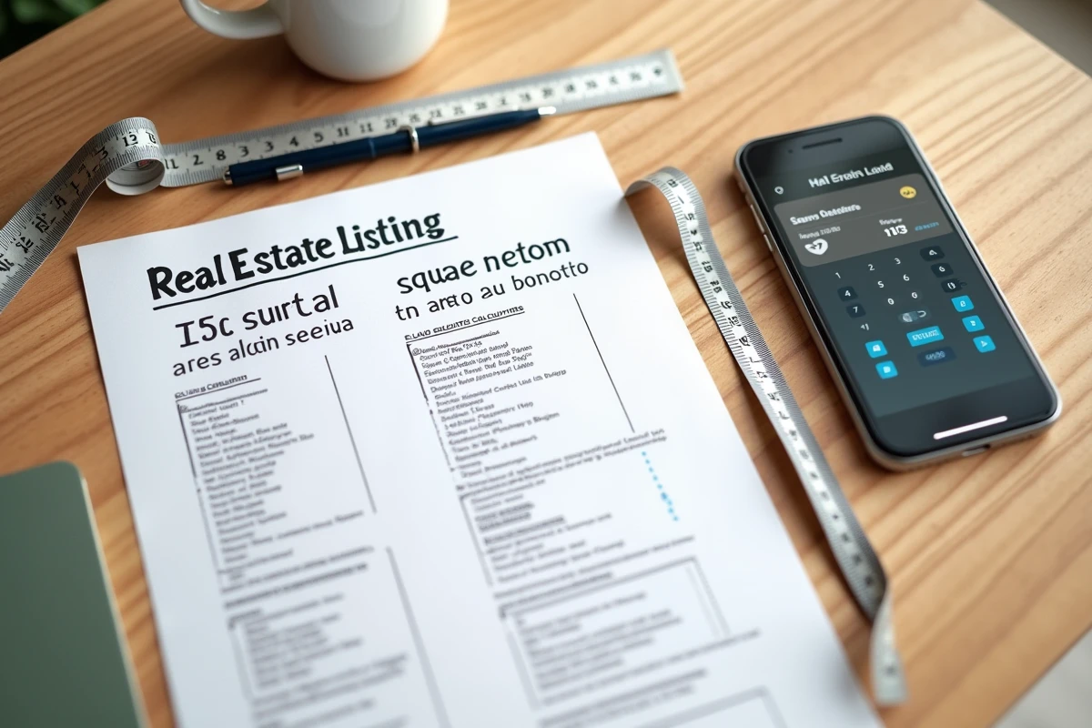Vue aérienne d'un bureau avec formulaire de conversion ares m2 pour annonce immobilière