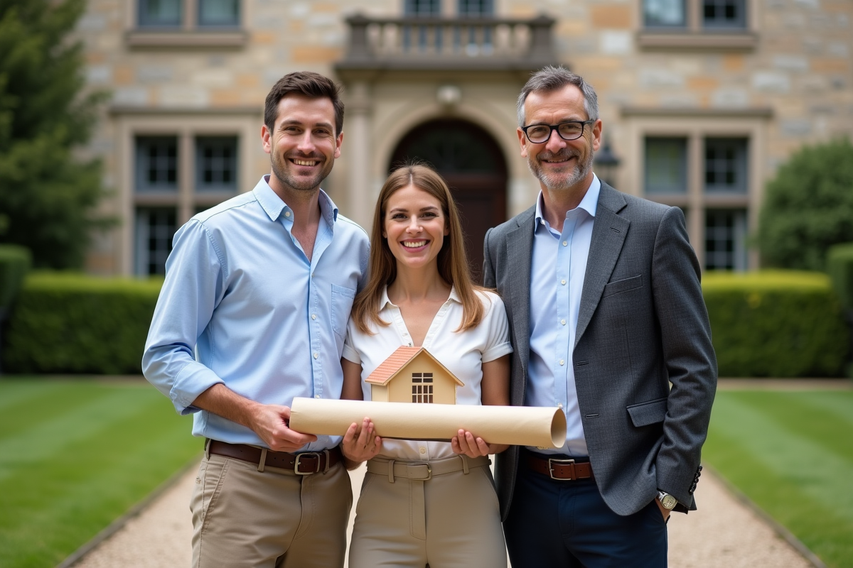 Trois frères et sœurs devant une maison en pierre avec un acte de propriété