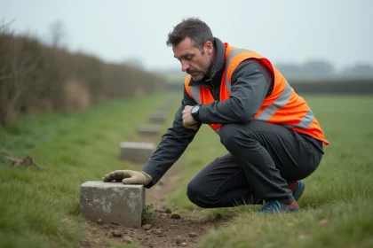 Géomètre-expert inspectant une borne de délimitation en béton plantée en bordure d'un terrain agricole en France