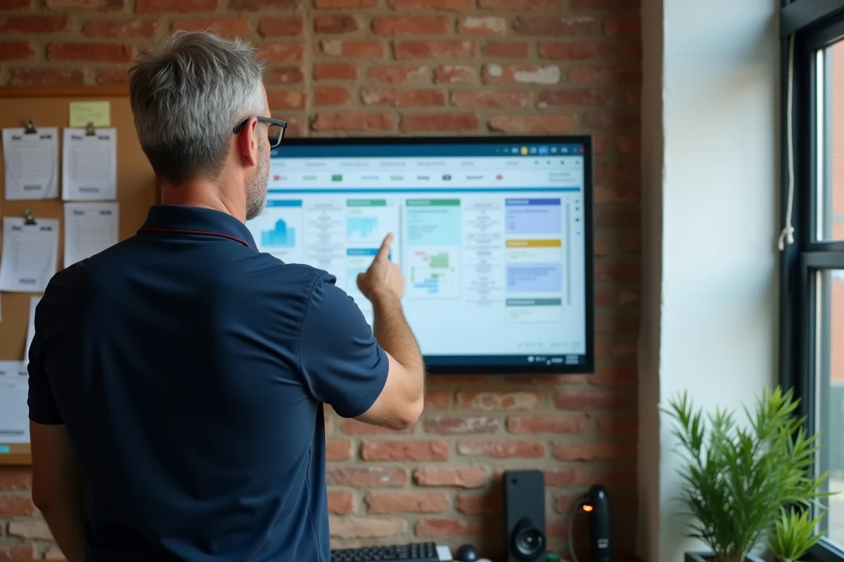 Gestionnaire de locations saisonnières présentant un logiciel channel manager sur grand écran dans un bureau de gestion immobilière