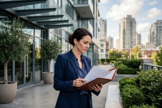 Gestionnaire immobilière professionnelle devant un immeuble résidentiel moderne, examinant des documents de gestion locative