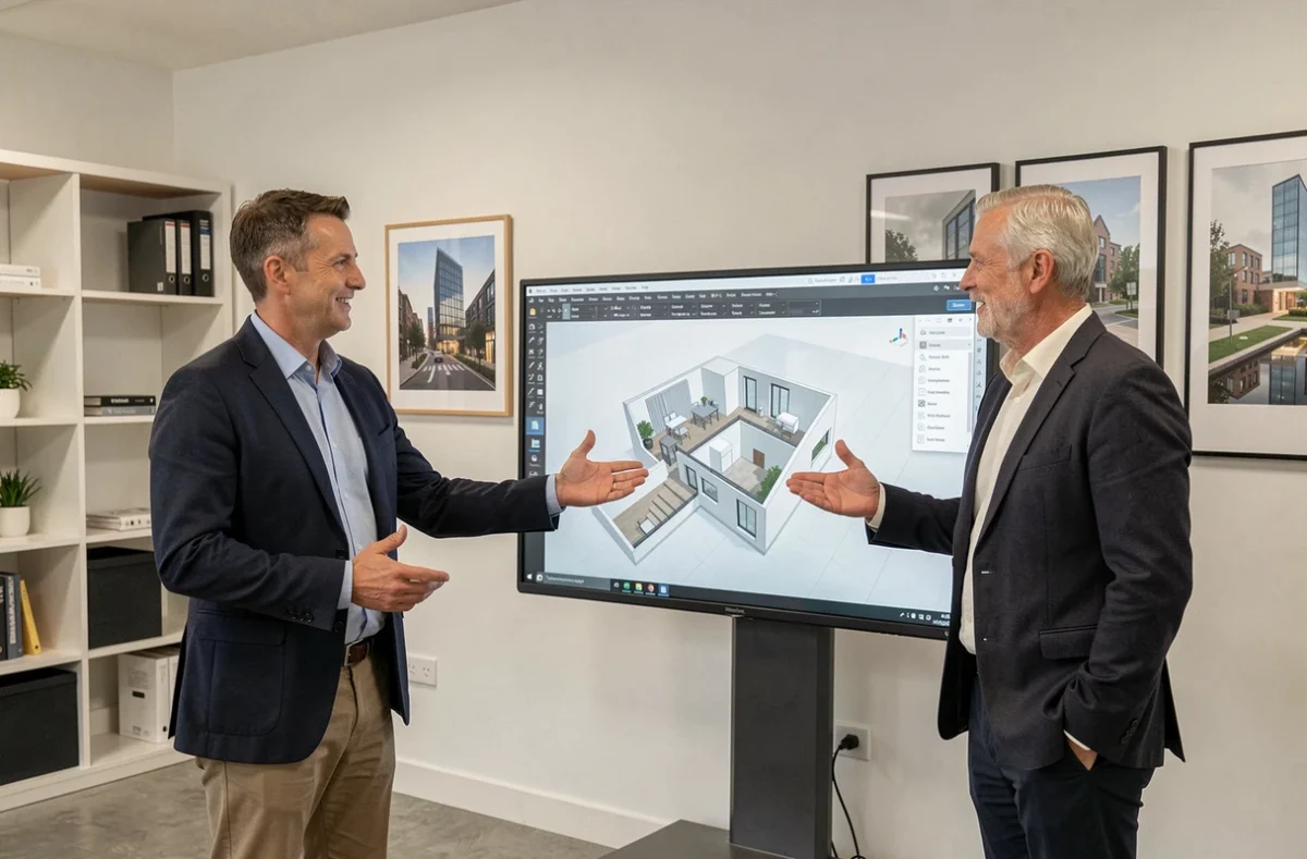 Architectes du Groupe A40 présentant un projet architectural en 3D sur grand écran dans un bureau moderne