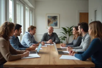 Groupe de personnes discutant autour d'une table moderne