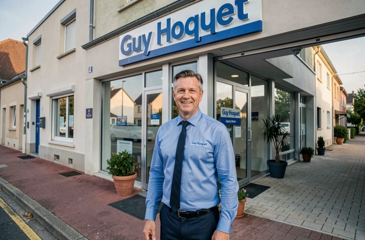 Agent Guy Hoquet Essonne devant la devanture de l'agence immobilière avec la signalétique bleue de la franchise