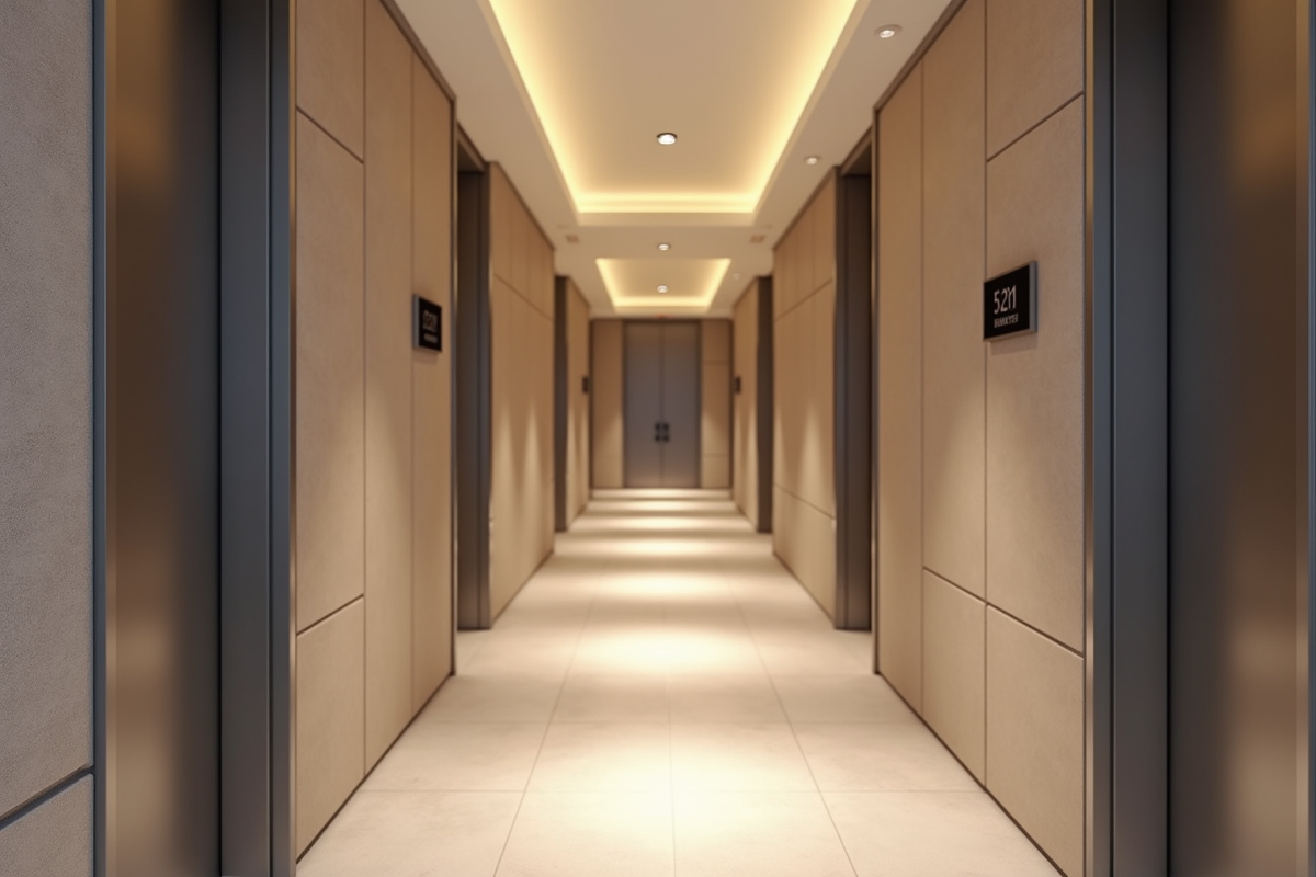 Couloir lumineux dans un immeuble avec porte et plaque SIRET