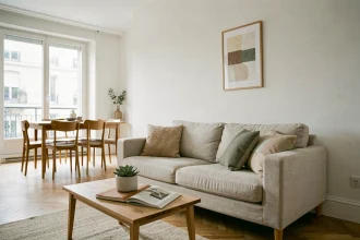 Salon d'appartement mis en valeur par le home staging avec canapé lin neutre, table basse en bois et décoration minimaliste pour une vente immobilière réussie