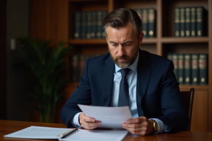 Homme d'affaires en costume bleu lisant un document officiel