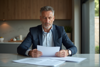 Homme d'affaires en costume examine documents immobiliers