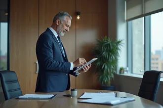 Homme d affaires en costume bleu vérifiant une checklist