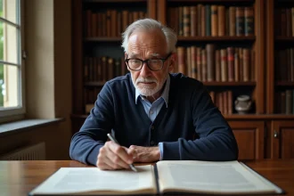 Un homme âgé examine des documents notariés liés au démembrement de propriété dans un salon traditionnel français