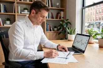Homme d'affaires analysant des documents financiers pour investir dans une SCPI depuis son bureau à domicile