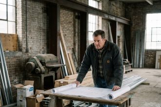 Homme en veste de travail examine des plans de construction