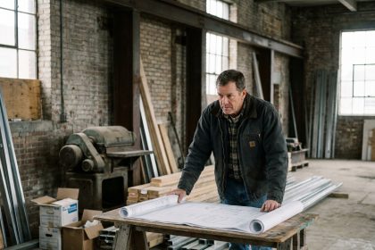 Homme en veste de travail examine des plans de construction