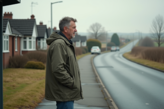 Homme d'âge moyen en attente à un arrêt de bus en banlieue