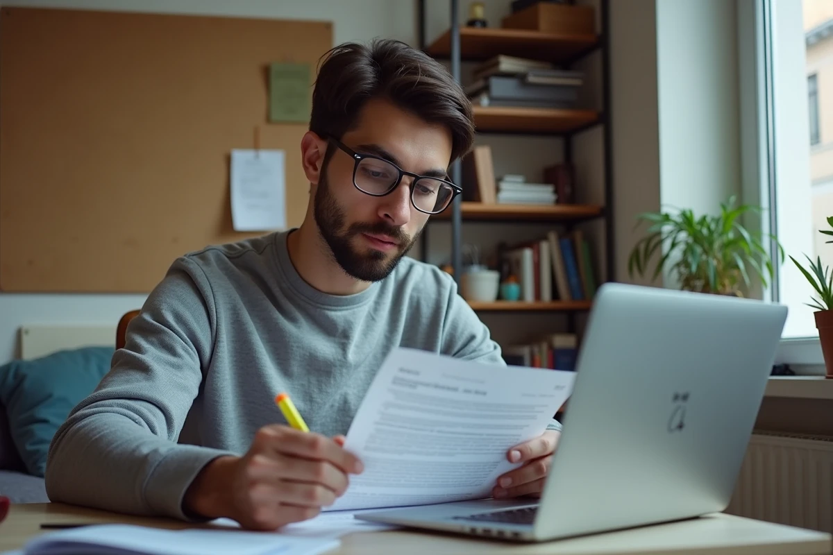 Jeune homme en colocation relisant attentivement les clauses de son engagement de caution solidaire à son bureau