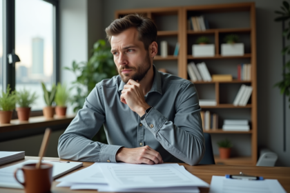 Homme d'affaires examine un contrat de location dans un bureau moderne