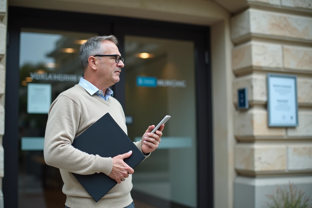 Homme vérifiant panneau d annonces devant bâtiment administratif