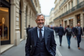 Homme en costume sur l'avenue Montaigne à Paris
