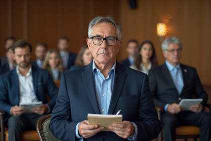 Homme d'âge moyen en costume observant une vente immobilière