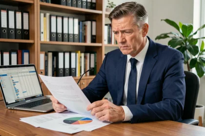 Homme en costume étudiant des documents financiers liés aux risques des SCPI dans un bureau à domicile