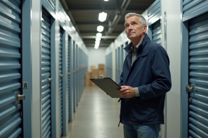 Homme d'âge moyen dans un centre de stockage moderne