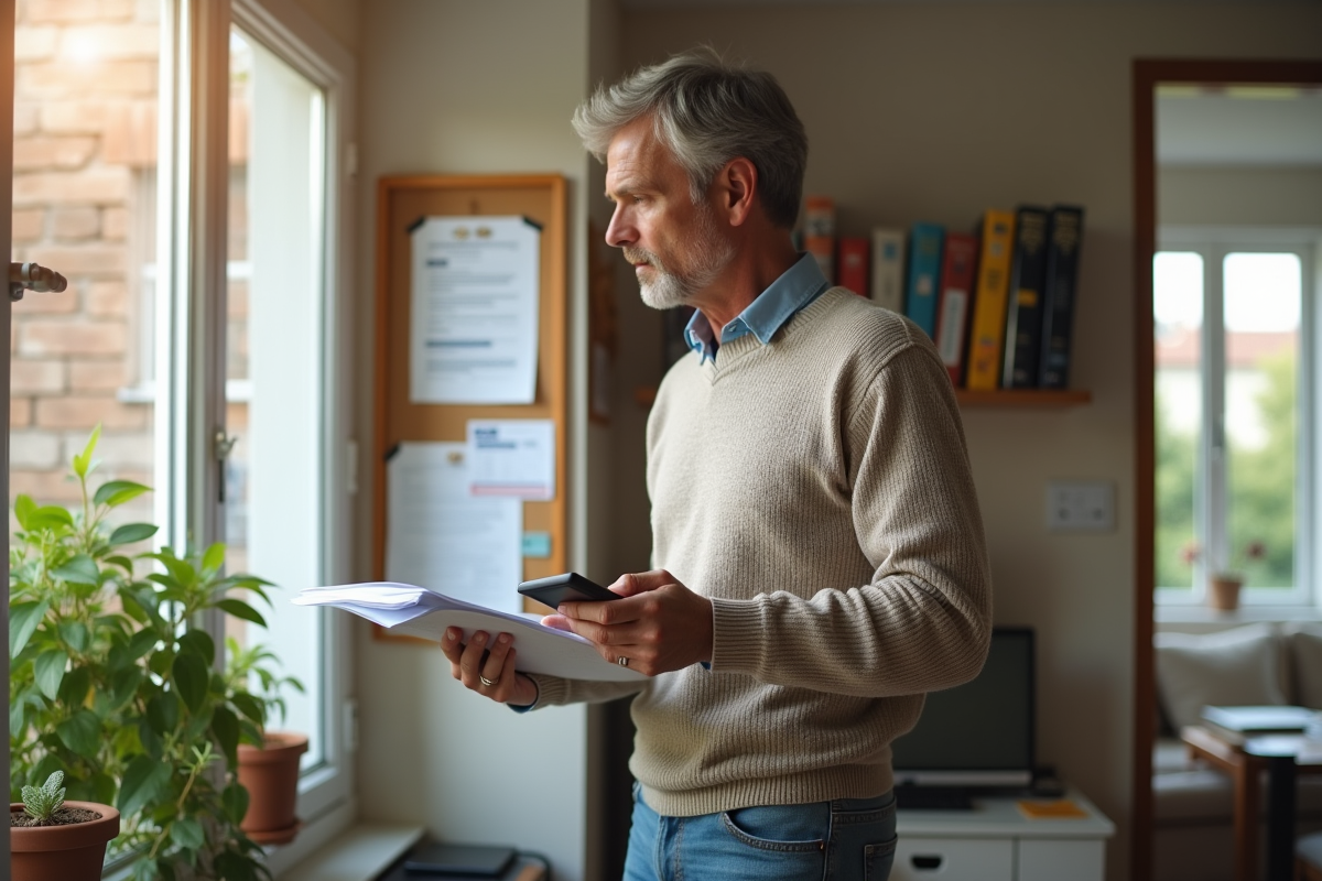 Homme décontracté vérifie ses papiers dans un bureau lumineux