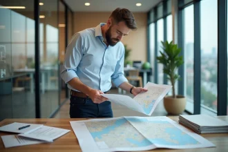 Homme d'affaires étudiant un rapport et une carte dans un bureau immobilier